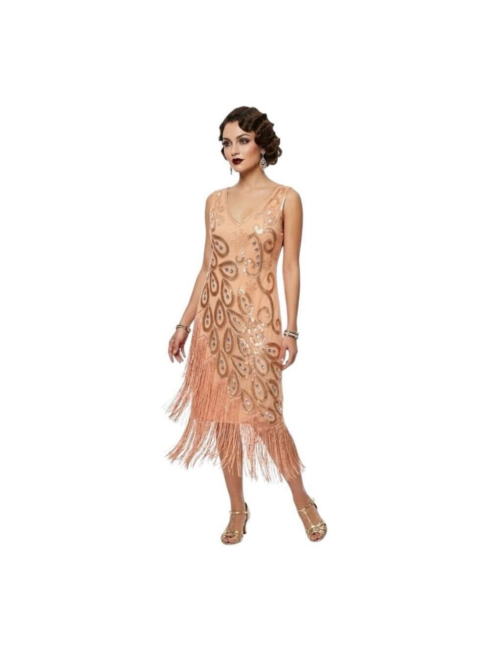 Vijiv 1920s Flapper Fringe Beaded Dress Art Deco Gatsby Peach NWT Size L